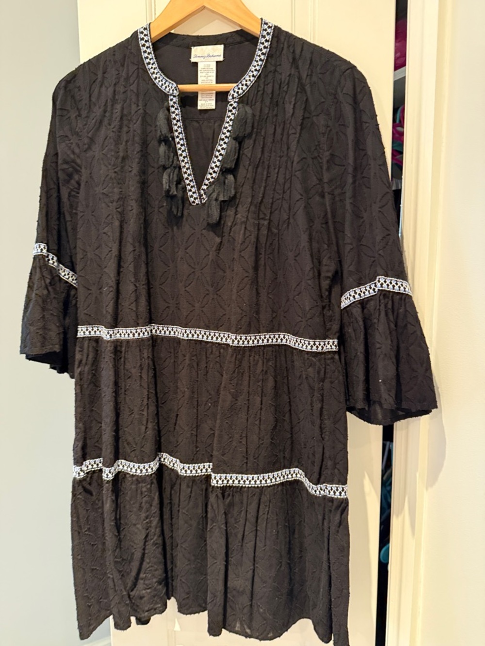 Tommy Bahama Black Mini Dress with White Trim and Tassel Detail